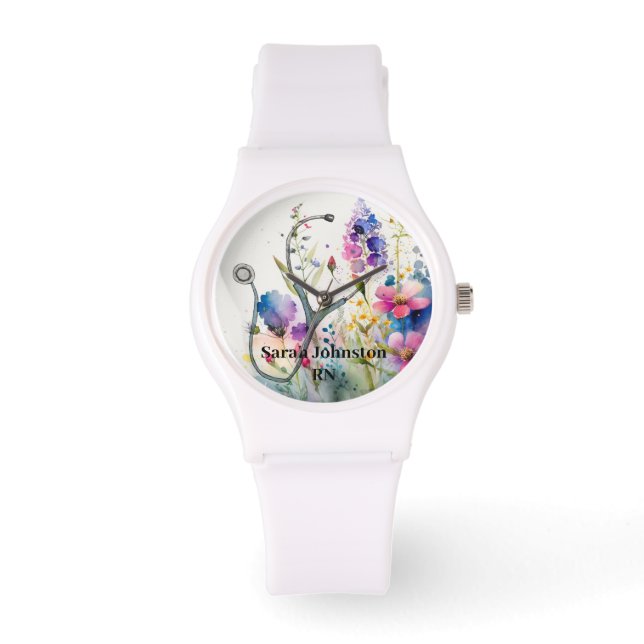 Personalized Spring Flower Nurse Monogram Gift Watch (Front)