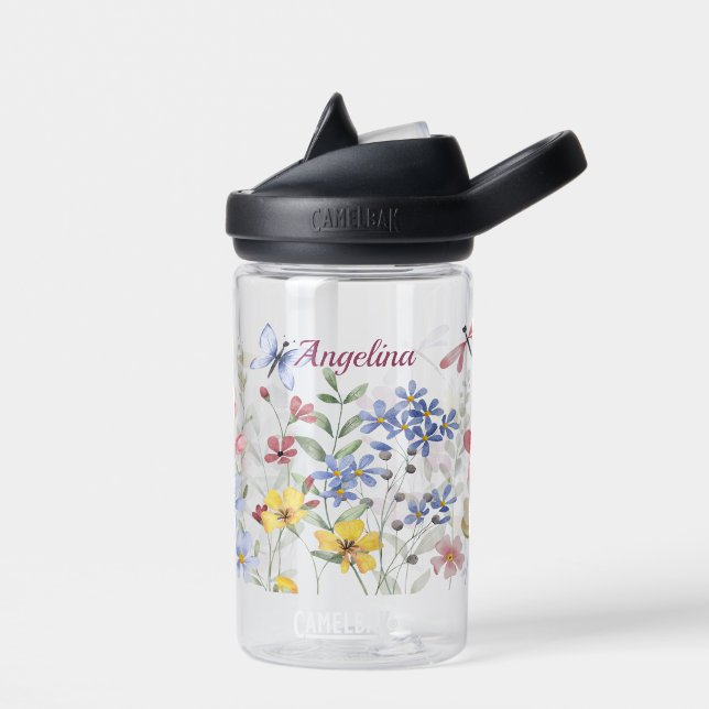 Personalized Spring Flowers and Butterflies Kids Water Bottle (Left)