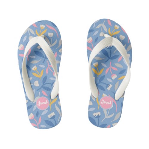 Personalized Spring Flowers Custom Blue  Pink Kids Flip Flops