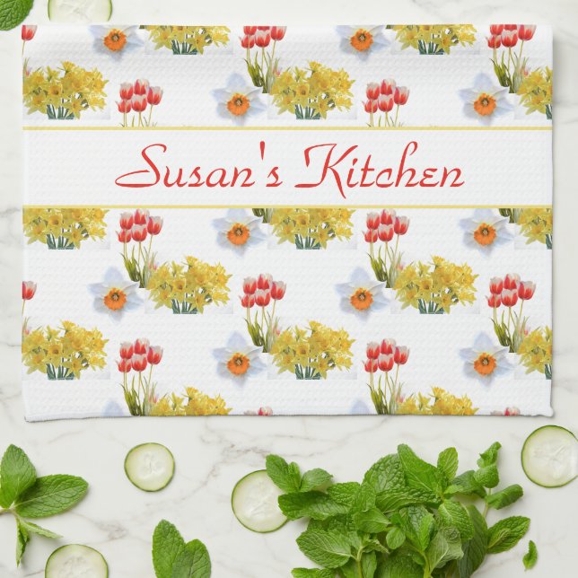 Personalized Spring Flowers Floral Kitchen Towels (Folded)