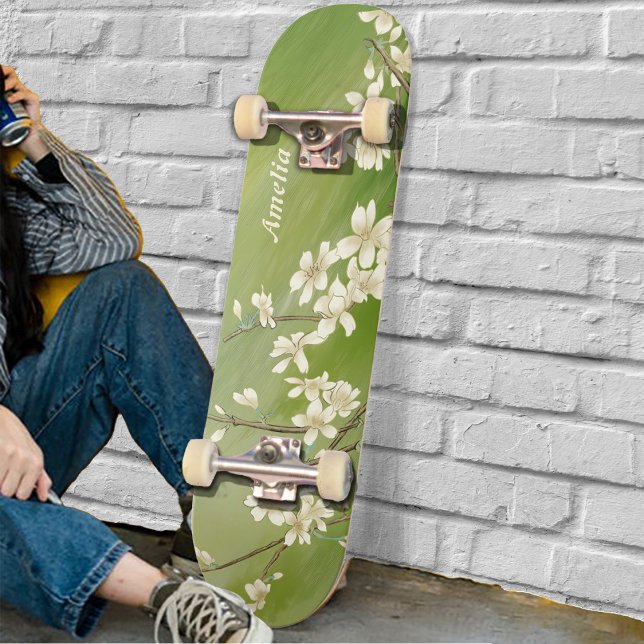 Personalized Spring Green White Flowers Blooming Skateboard (Creator Uploaded)
