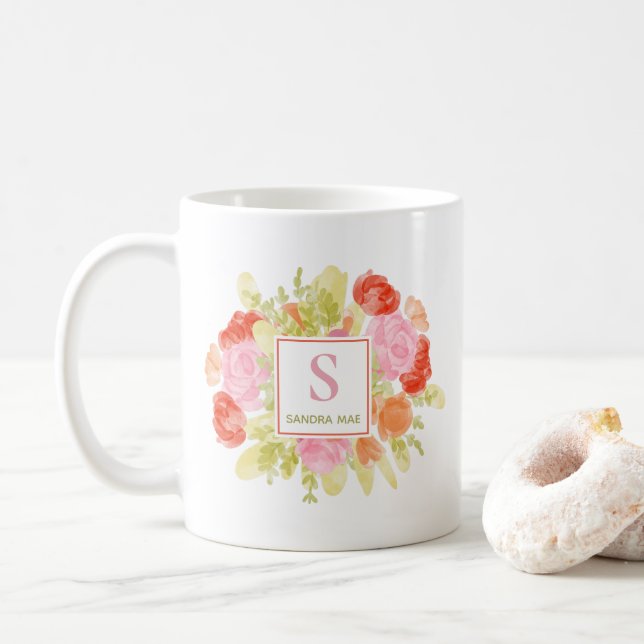 Personalized Spring Pastel Floral Watercolor Art Coffee Mug (With Donut)
