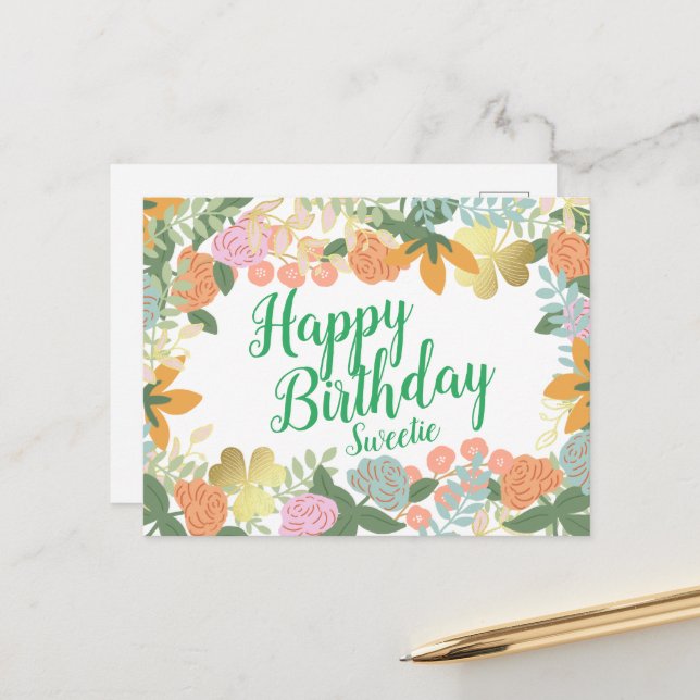 Personalized Spring Roses Floral Happy Birthday   Postcard (Front/Back In Situ)