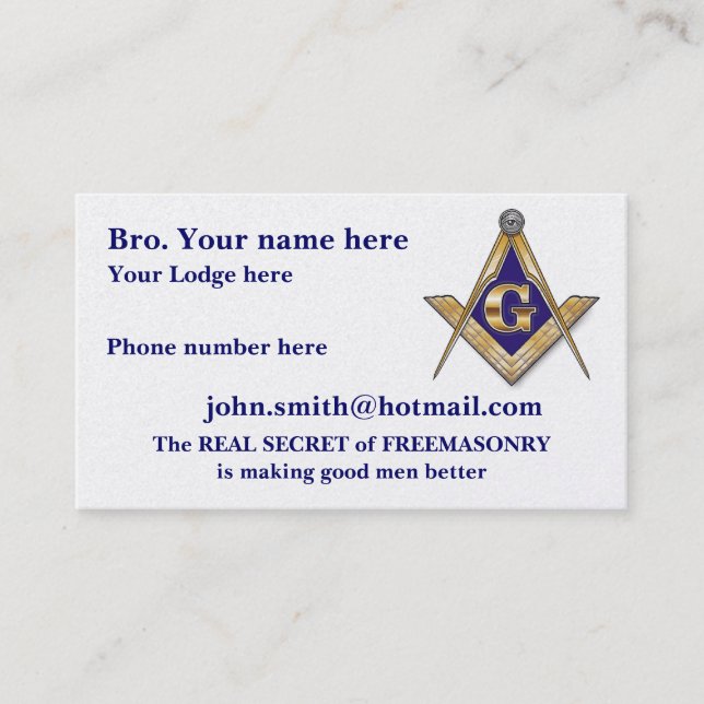 PERSONALIZED SQUARE AND COMPASSES MASONIC BUSINESS CARD (Front)