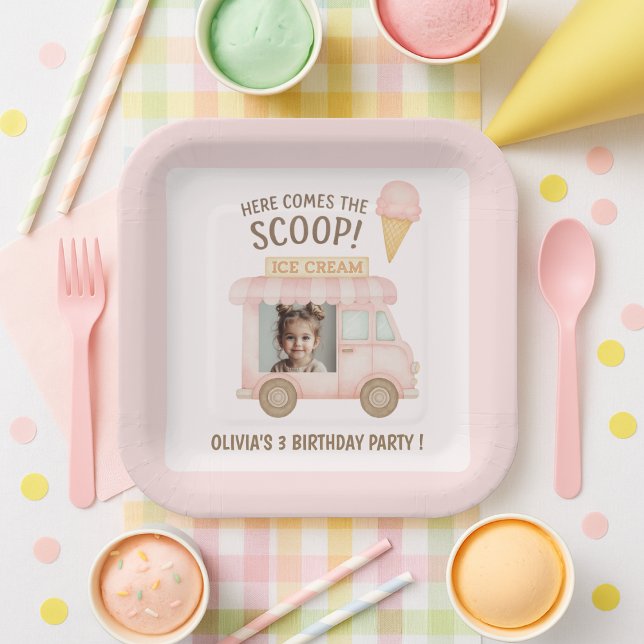 Personalized Square Ice Cream Truck Photo Birthday Paper Plates (Creator Uploaded)