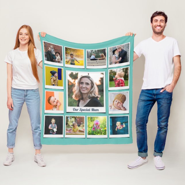 Personalized Square Photo Collage Family Teal Fleece Blanket (In Situ)