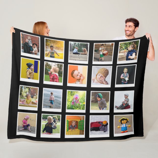 Personalized Square Photo Collage Modern Black Fle Fleece Blanket (In Situ)