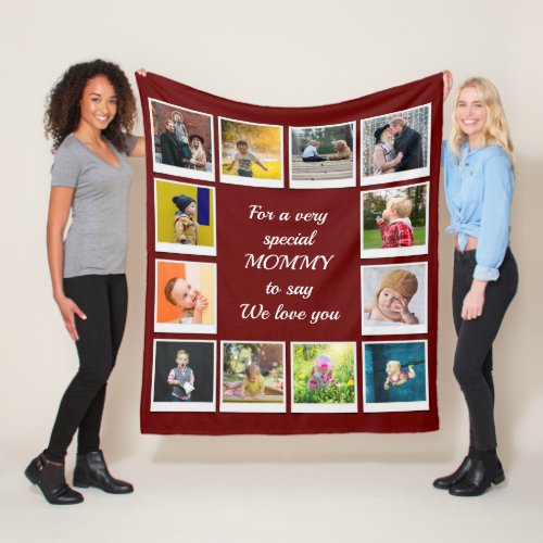 Personalized Square Photo Collage Modern Red Fleece Blanket