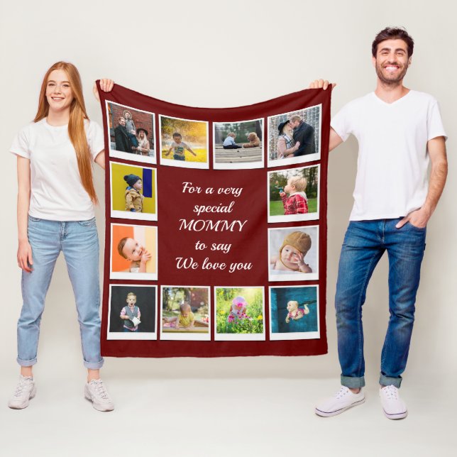 Personalized Square Photo Collage Modern Red Fleece Blanket (In Situ)