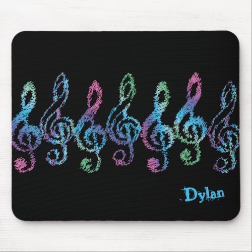 Personalized Squiggly Rainbow Treble Clefs Black Mouse Pad