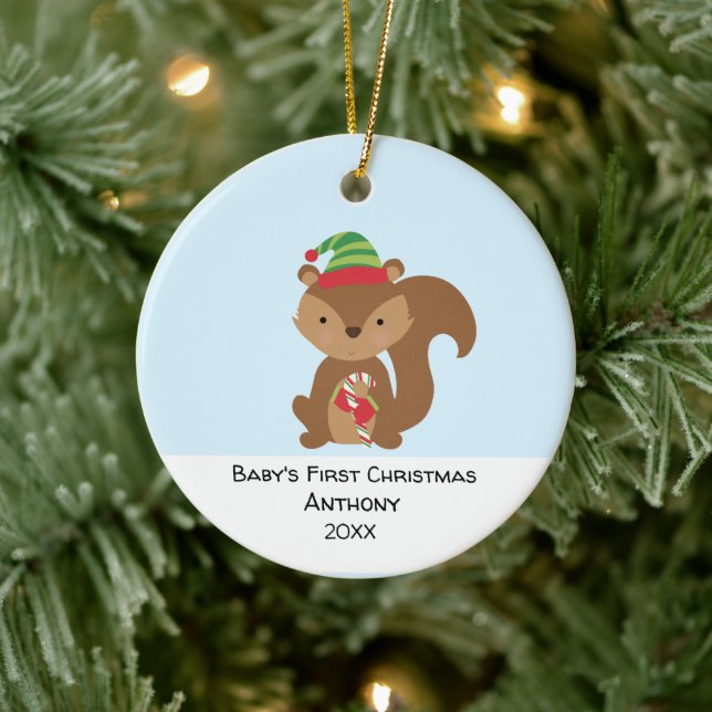 Personalized  Squirrel  Babys First Christmas Ceramic Ornament (Tree)