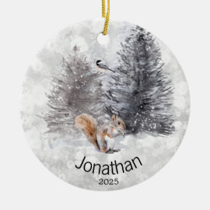 Personalized Squirrel Bird Winter Cabin Ceramic Ornament