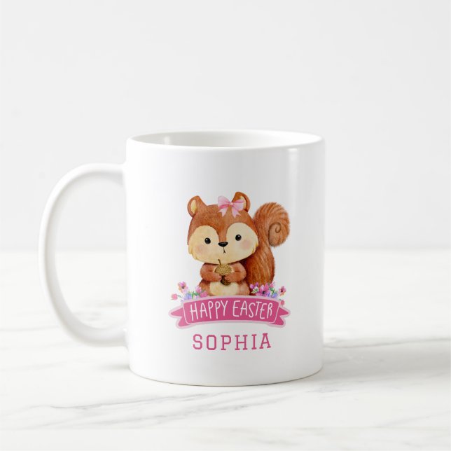Personalized Squirrel Happy Easter Pink  Coffee Mug (Left)