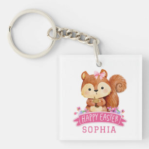 Personalized Squirrel Happy Easter Pink Keychain