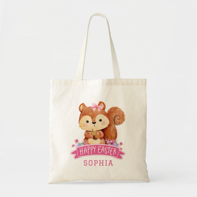 Personalized Squirrel Happy Easter Pink  Tote Bag (Front)