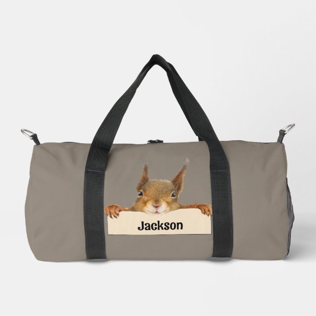 Personalized Squirrel Holding Nameplate Sign Duffle Bag (Front)