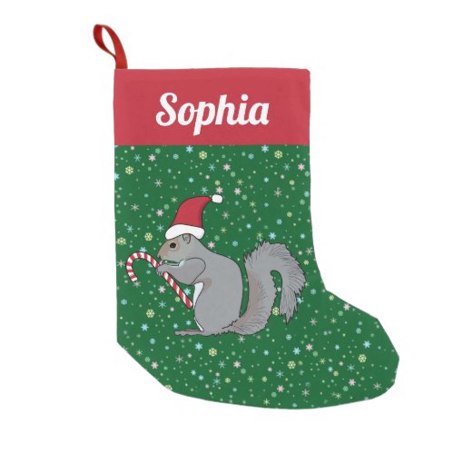 Personalized Squirrel with Candy Cane Santa Hat Small Christmas Stocking