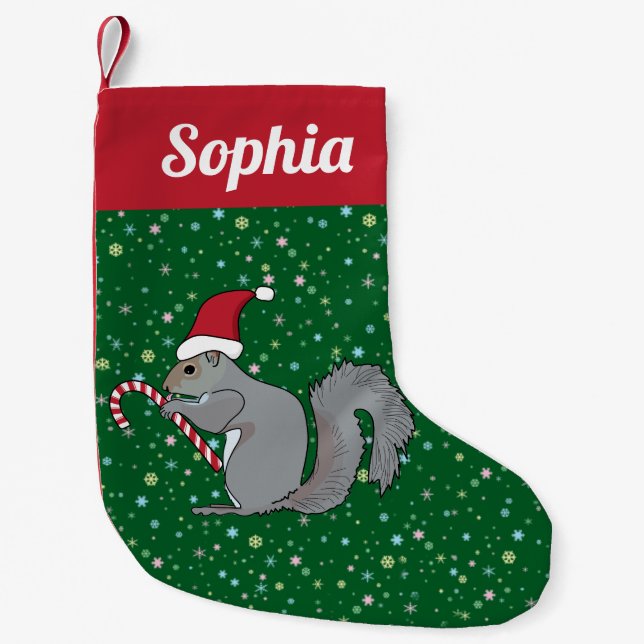 Personalized Squirrel with Candy Cane Santa Hat Small Christmas Stocking (Front)