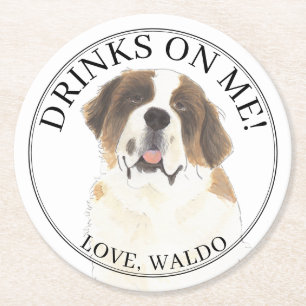 Personalized St. Bernard Dog Wedding Round Paper Coaster