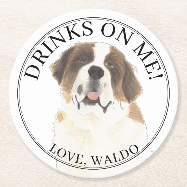 Personalized St. Bernard Dog Wedding Round Paper Coaster (Front)