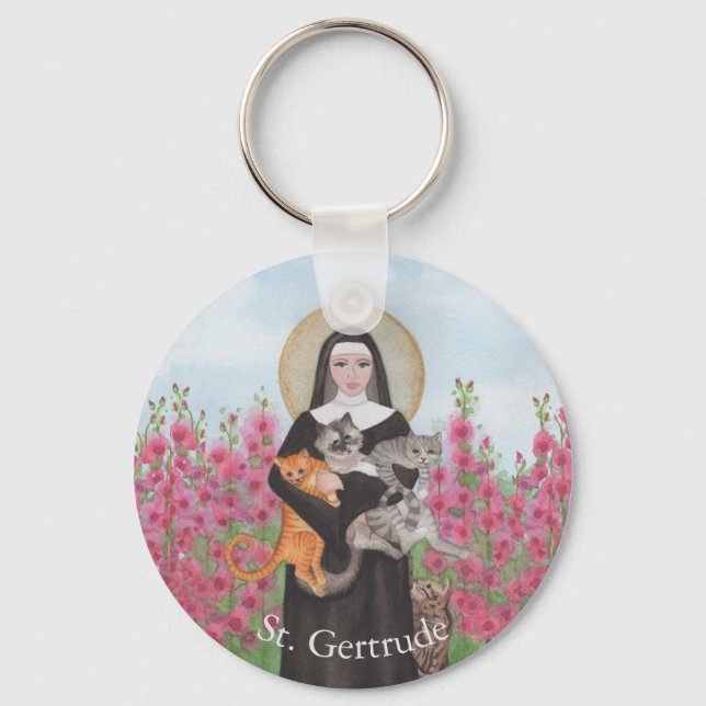 Personalized St Gertrude Patron of Cats Watercolor Keychain (Front)