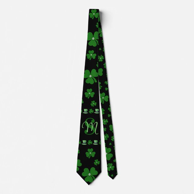 Personalized St. Patrick’s Day Shamrock on Black Neck Tie (Front)
