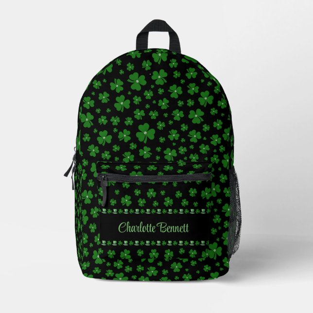 Personalized St. Patrick’s Day Shamrock on Black Printed Backpack (Front)