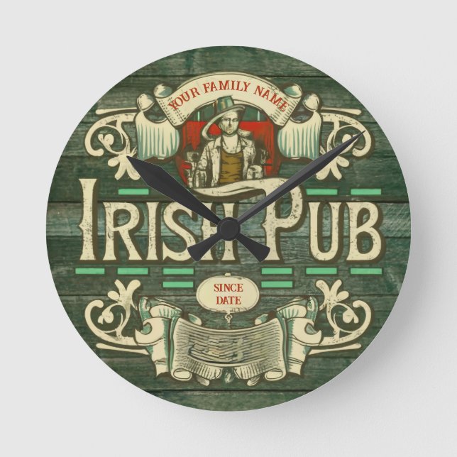 Personalized St Patricks day Irish Pub Box Sign Round Clock (Front)