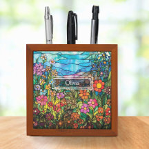 Personalized Stained Glass Floral Desk Organizer