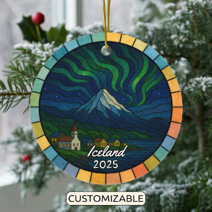 Personalized Stained Glass Iceland, Europe Ceramic Ornament