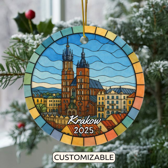 Personalized Stained Glass Krakow Ornament, Poland Ceramic Ornament (Creator Uploaded)