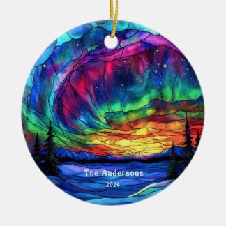 Personalized Stained Glass Look Northern Lights Ceramic Ornament