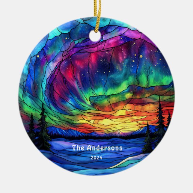Personalized Stained Glass Look Northern Lights Ceramic Ornament (Front)