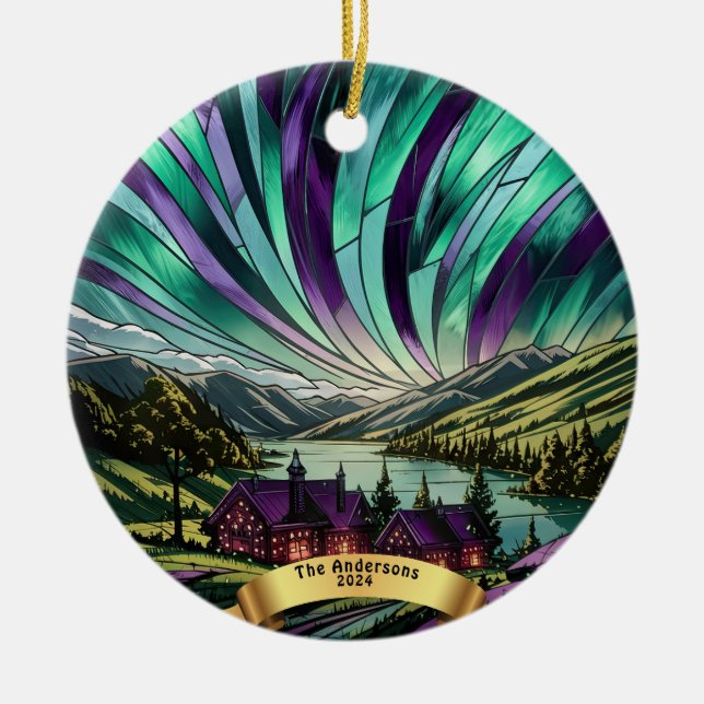 Personalized Stained Glass Look Northern Lights Ceramic Ornament (Front)