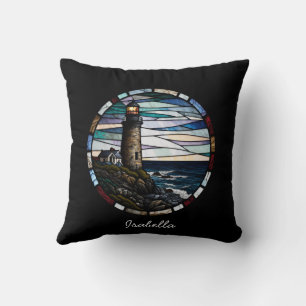 Personalized Stained Glass Mosaic Lighthouse Throw Pillow