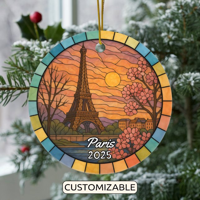 Personalized Stained Glass Paris Ornament, France Ceramic Ornament (Creator Uploaded)