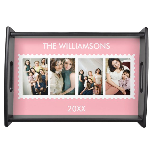 Personalized Stamp Frame 4 Family Photo Serving Tray (Front)