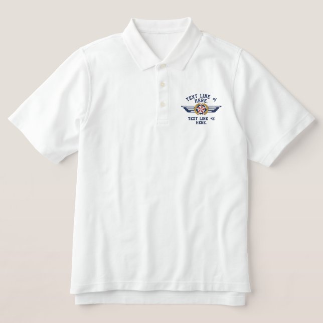 Personalized Star Laurels Badge Pilot Wings Embroidered Polo Shirt (Design Front)
