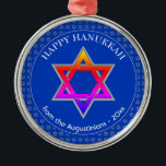 Personalized | Star of David | HAPPY HANUKKAH Metal Ornament<br><div class="desc">Stylish Cobalt Blue STAR OF DAVID HANUKKAH Metal Ornament with faux silver Star of David in a tiled pattern in the background, and a large colorful Star of David at the center. The text reads HAPPY HANUKKAH plus placeholder name and is CUSTOMIZABLE, so you can replace the message and add...</div>