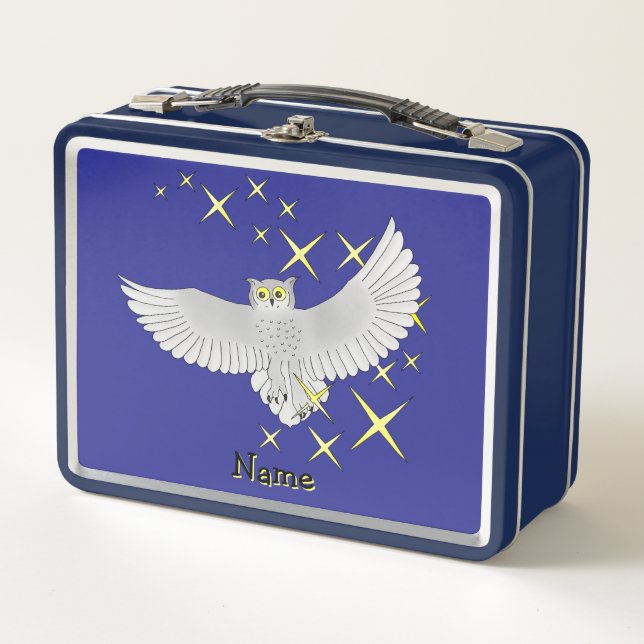 Personalized Star Owl Blue Background Metal Lunch Box (Front)