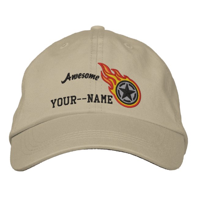 Personalized Star Stencil Racing Flames Bullet Embroidered Baseball Hat (Front)
