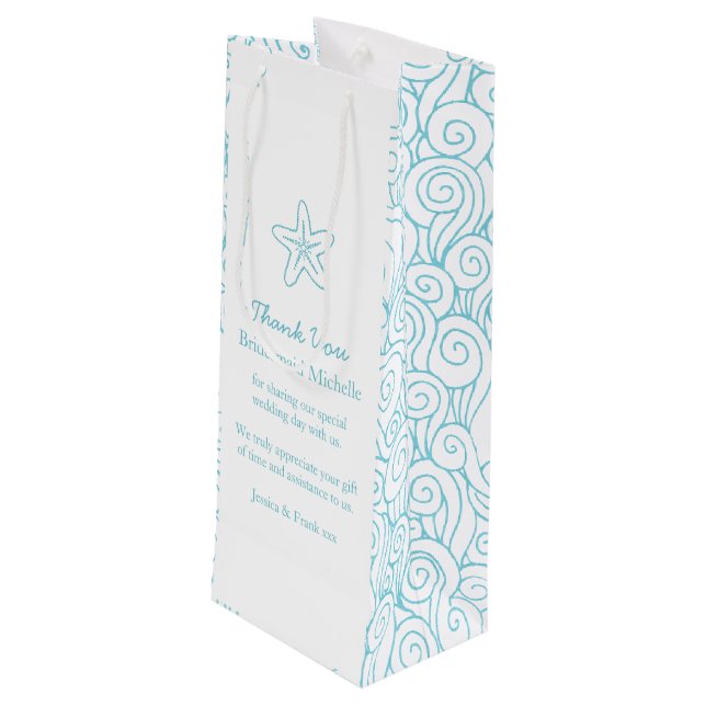 Personalized starfish blue wedding favor wine bags (Back Angled)