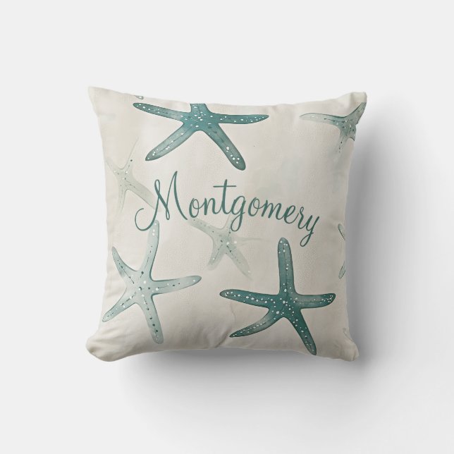 Personalized Starfish Green Beige Coastal Throw Pillow (Front)