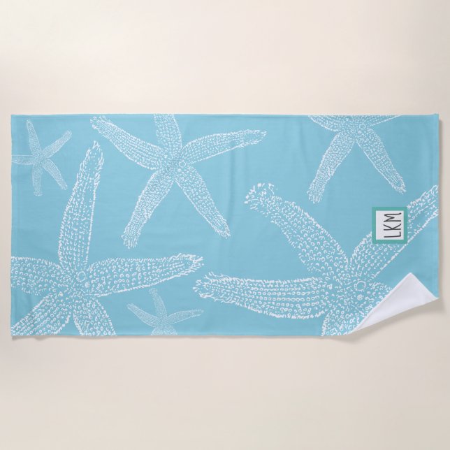 Personalized Starfish Pale Blue Beach Towel (Front)