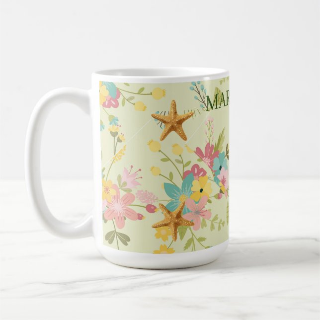 Personalized Starfish Pink Yellow Green Florals Coffee Mug (Left)