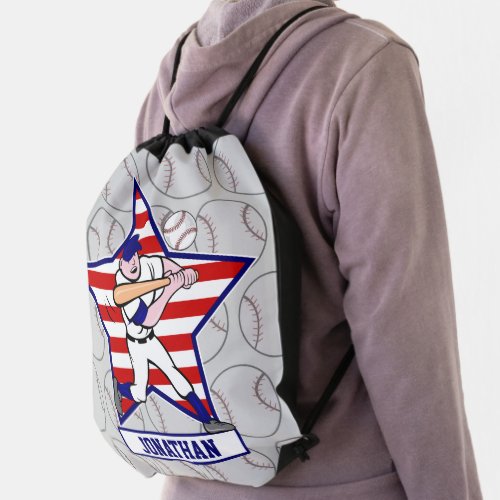 Personalized Stars and Stripes Baseball Batter v1 Drawstring Bag