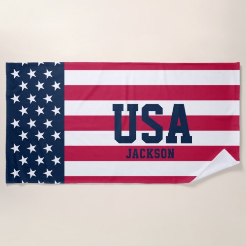 Personalized Stars and Stripes US Flag Beach Towel