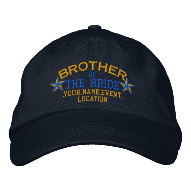 Personalized Stars Brother of the Bride Gold Blue Embroidered Baseball Hat (Front)
