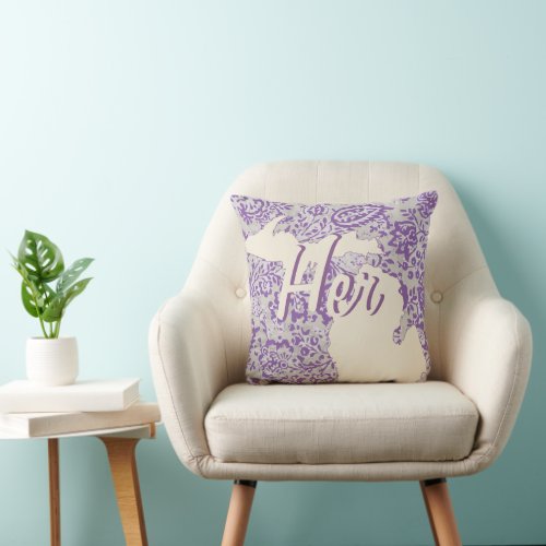 Personalized State Michigan Purple and Gray Floral Throw Pillow