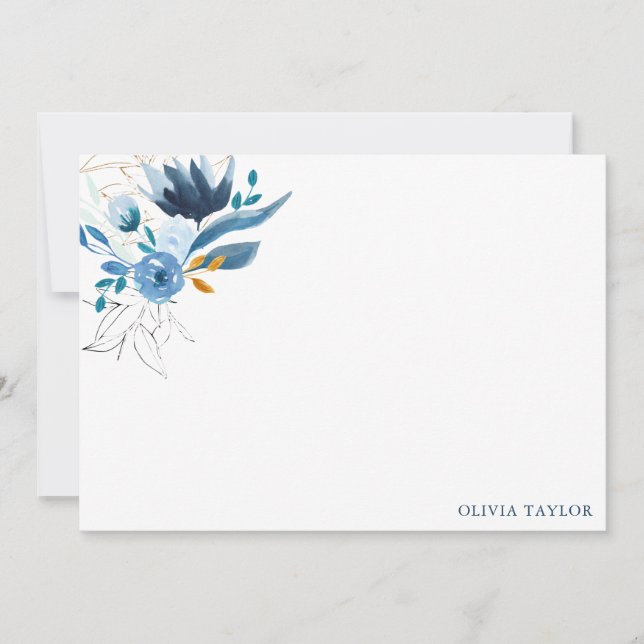 Personalized Stationery Blue Watercolor Floral Note Card (Front)